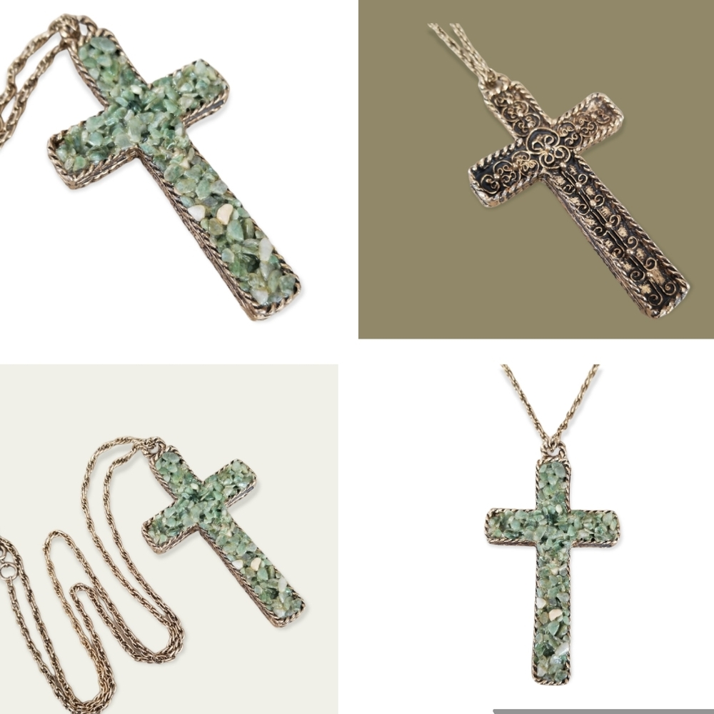 Vintage Mid Century Jade Chips Ornate Antique Gold Tone Cross Pendant Necklace